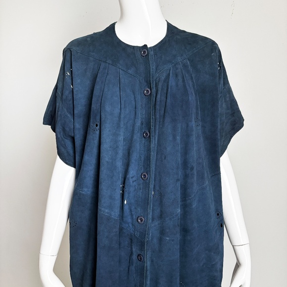 Vintage Jean Muir Blue Punched Suede Leather Coat Dress Rare England Sz 10 - Picture 6 of 14